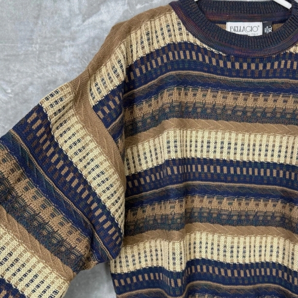 Vtg 3d Cosby Cotton Crewneck Textured Patterned Stripes Brown Neutral Sz L - Picture 11 of 12